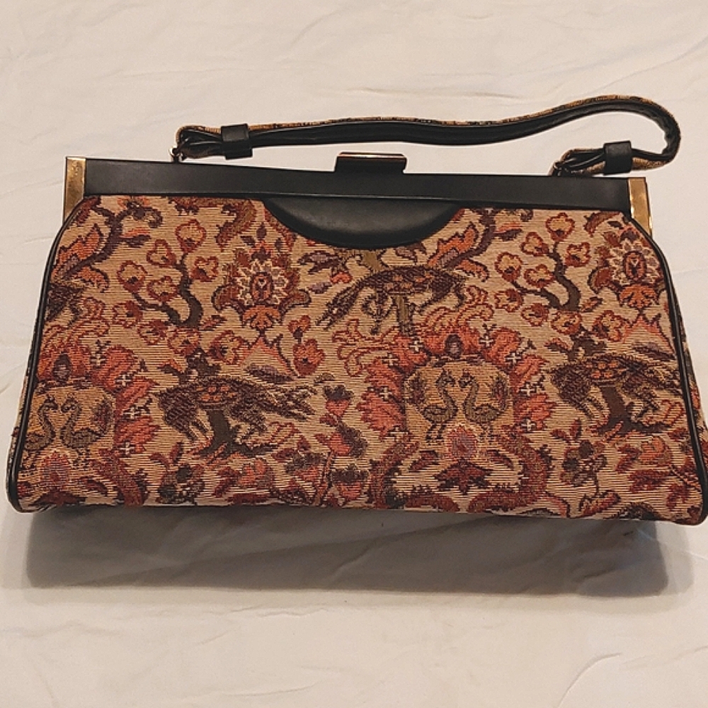 Ladies vintage tapestry purse/handbag, brown/gold,brown leather trim,drama